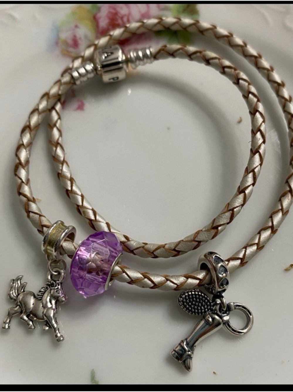 Retired Authentic Pandora Champagne Woven Leather Bracelet & Charms(Final Price)